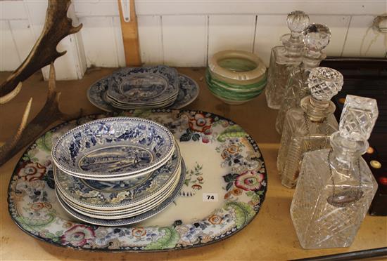 Meat plate, blue & white, 4 decanters & vase